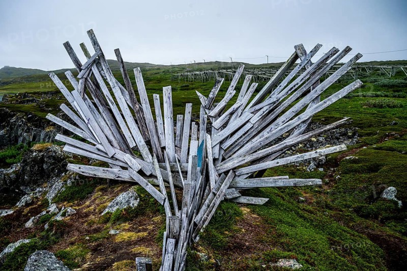 Wooden sculpture with dynamic shapes in a natural environment, Drakkar Vardø sculpture. The Drakkar-Leviathan sculpture was built in summer 2016 by the Taibola Assemble team from Archangelsk Severodvinsk, Vardø, Finnmark, Norway