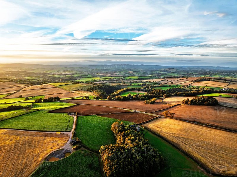 Colours of Devon Farms and Fields over Berry Pomeroy from a drone, Totnes, England, United Kingdom