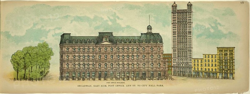 Broadway, East Side, Post Office, Ann Street to City Hall Park, New York, Manhattan, America, USA, historic, authentic, digitally restored reproduction from an original from 1899, published by Mail & Express, exact date of presentation unknown