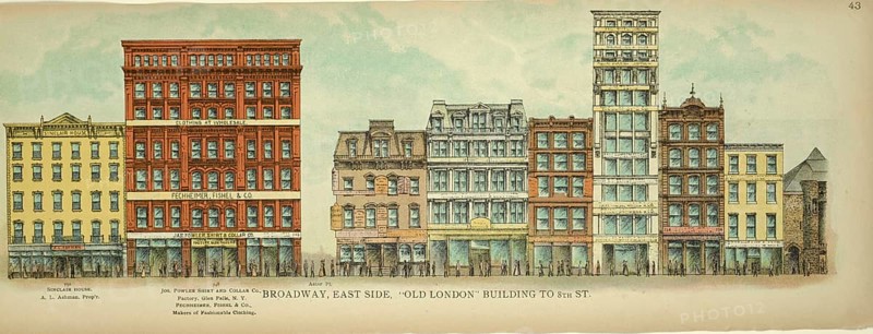 Broadway, East Side, Old London Building to 8th Street, New York, Manhattan, America, USA, historic, authentic, digitally restored reproduction from an original from 1899, published by Mail & Express, exact date of presentation unknown