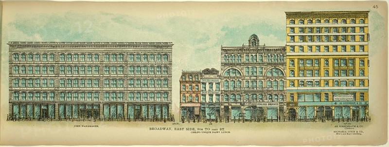 Broadway, East Side, 8th to 10st Street, New York, Manhattan, America, USA, historic, authentic, digitally restored reproduction from an original from 1899, published by Mail & Express, exact date of presentation unknown