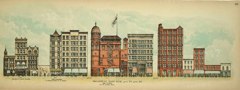 Broadway, East Side, 37th to 40th Street, the Casino, New York, Manhattan, America, USA, historic, authentic, digitally restored reproduction from an original from 1899, published by Mail & Express, exact date of presentation unknown