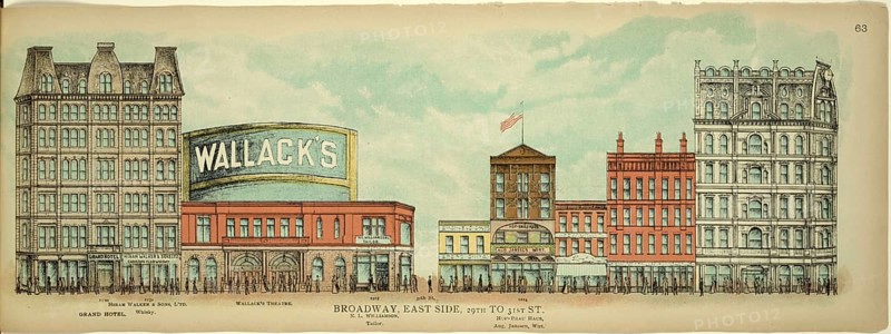 Broadway, East Side, 29th to 31sr Street, Wallack's Theatre and Hofbräuhaus, New York, Manhattan, America, USA, historical, authentic, digitally restored reproduction from an original from 1899, published by Mail & Express, exact date of presentation unknown
