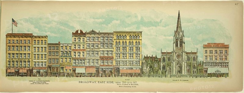 Broadway, East Side, 10th to 12th Street, New York, Manhattan, America, USA, historic, authentic, digitally restored reproduction from an original from 1899, published by Mail & Express, exact date of presentation unknown