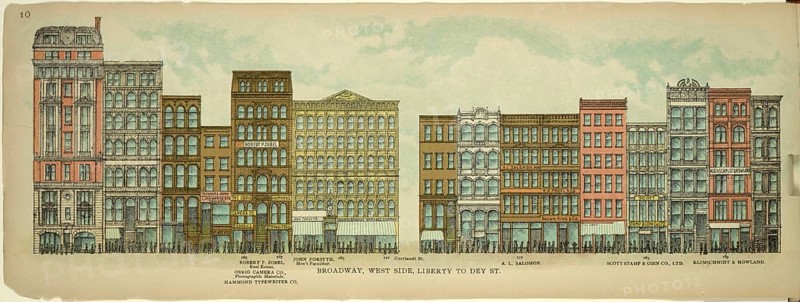 Broadway, West Side, Liberty to Dey Street, New York, Manhattan, America, USA, historic, authentic, digitally restored reproduction from an original from 1899, published by Mail & Express, exact date of presentation unknown