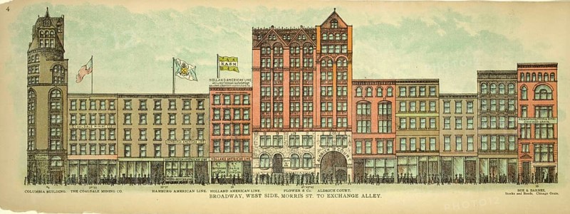 Broadway, West Side, Mottis Street to Exchange Alley, New York, Manhattan, America, USA, historical, authentic, digitally restored reproduction from an original from 1899, published by Mail & Express, exact date of presentation unknown