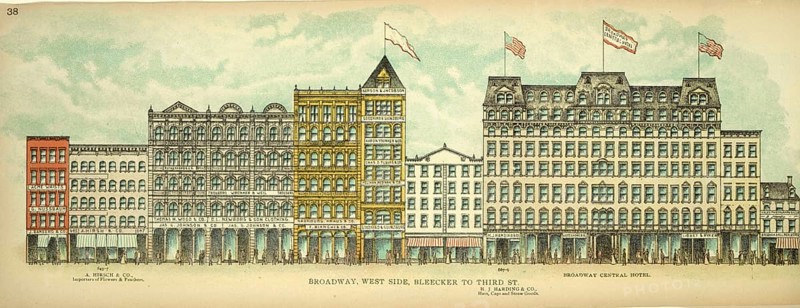 Broadway, West Side, Bleecker to Third Street, New York, Manhattan, America, USA, historical, authentic, digitally restored reproduction from an original from 1899, published by Mail & Express, exact date of presentation unknown