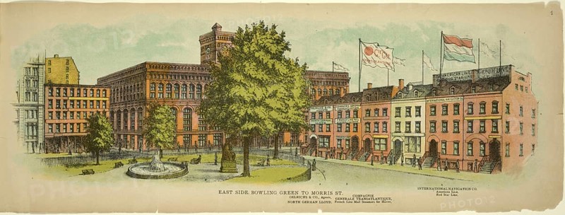 East Side Bowling Green to Morris Street, New York, Manhattan, America, USA, historic, authentic, digitally restored reproduction from an original from 1899, published by Mail & Express, exact date of presentation unknown