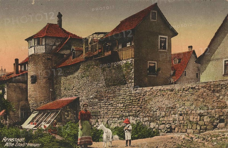 Old city wall in Arnstadt in Thuringia, Ilmkreis, Germany, postcard, view around 1900 - 1910, historical, digital reproduction of a historical postcard, authentic, public domain, from that time, exact date unknown