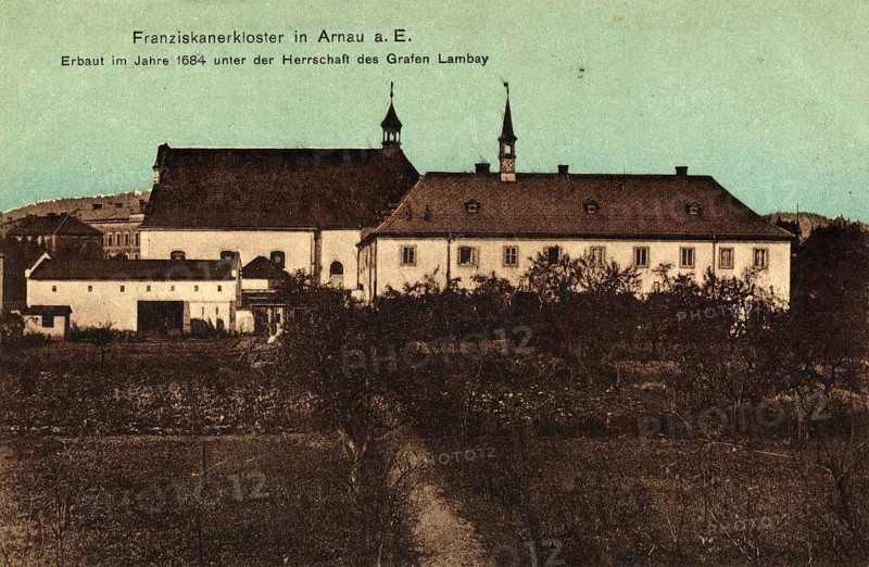 Franciscan monastery in Arnau a.E., built in 1684 under Count Lambay, building complex in the town of Hostinne in the Trutnov District in the Czech Republic, postcard, view around 1900 - 1910, historical, digital reproduction of a historical postcard, authentic, public domain, from that time, exact date unknown