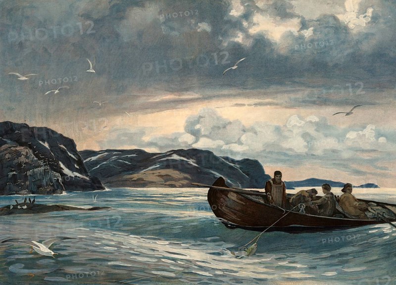 Rowing boat in the Barents Sea, Eastern Spitsbergen, 1912, Norway, school painting, authentic reproduction of a school mural, historical, digitally restored reproduction from a model from the 19th century, exact date of depiction unknown