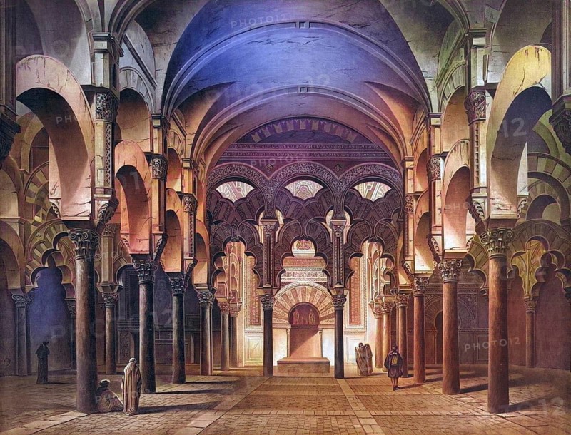 Mosque-Cathedral of Cordoba, Mezquita, historic church in Córdoba, 1883, Spain, school painting, authentic reproduction of a school mural, historical, digitally restored reproduction from a 19th century model, exact date of presentation unknown