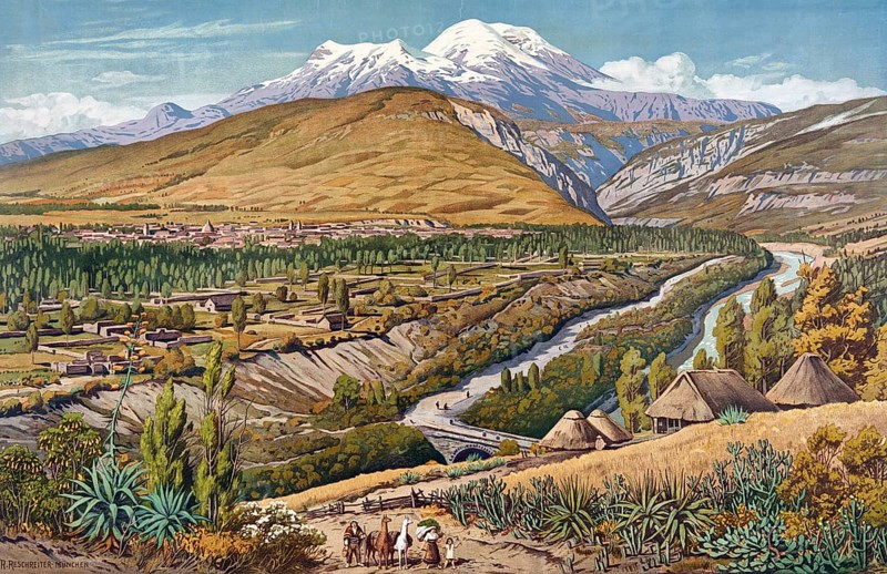 The highlands of Ecuador, cultural and volcanic landscape of Tierra Fria, cold country, in the Andes, 1911, school painting, authentic reproduction of a school mural, historical, digitally restored reproduction from a 19th century model, exact date of presentation unknown
