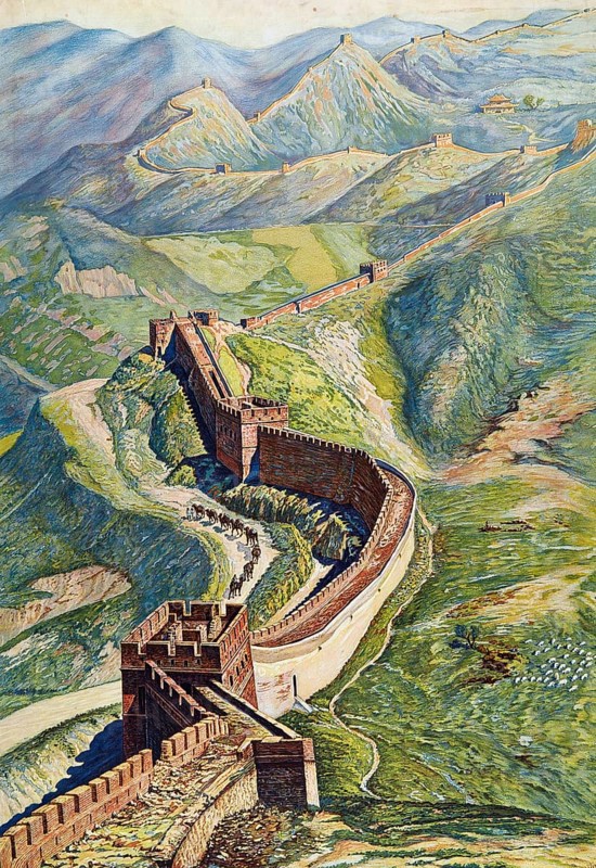 The Great Wall in China, 1930, China, school picture, authentic reproduction of a school mural, historical, digitally restored reproduction from a model from the 19th century, exact date of depiction unknown