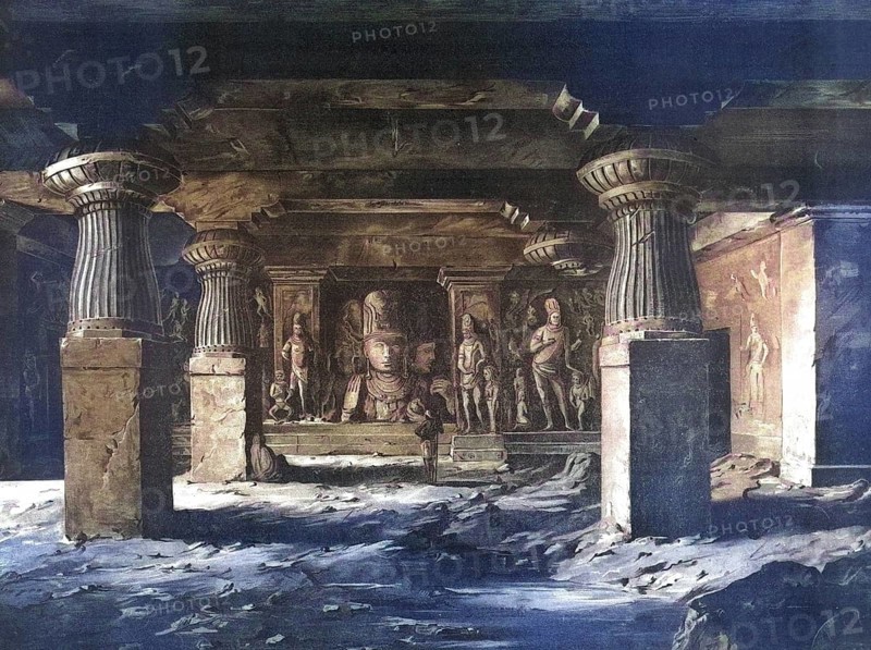 Elephanta Caves, are a group of cave temples on Elephanta Island near Mumbai, 1883, India, school painting, authentic reproduction of a school mural, historical, digitally restored reproduction from a 19th-century model, exact date of depiction unknown