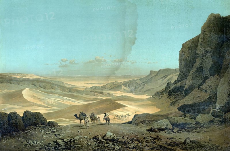 Camel caravan in the Sahara desert in Libya around 1890, school picture, authentic reproduction of a school mural, historical, digitally restored reproduction from a model from the 19th century, exact date of depiction unknown