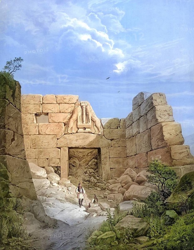 Lion's Gate in Mycenae, 1883, Greece, school painting, authentic reproduction of a school mural, historical, digitally restored reproduction from a model from the 19th century, exact date of depiction unknown