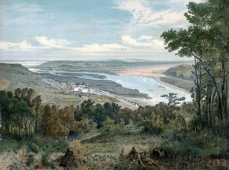 The Danube near Vienna, 1890, Austria, school painting, authentic reproduction of a school mural, historical, digitally restored reproduction from a model from the 19th century, exact date of depiction unknown