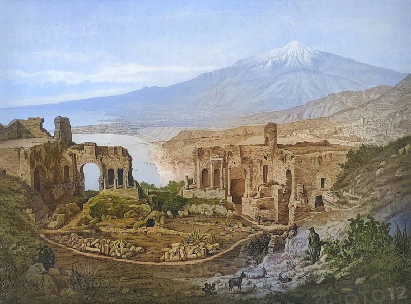The Greek Theatre of Taormina with a view of Mount Etna, 1930, Sicily, Italy, school painting, authentic reproduction of a school mural, historical, digitally restored reproduction from a model from the 19th century, exact date of presentation unknown