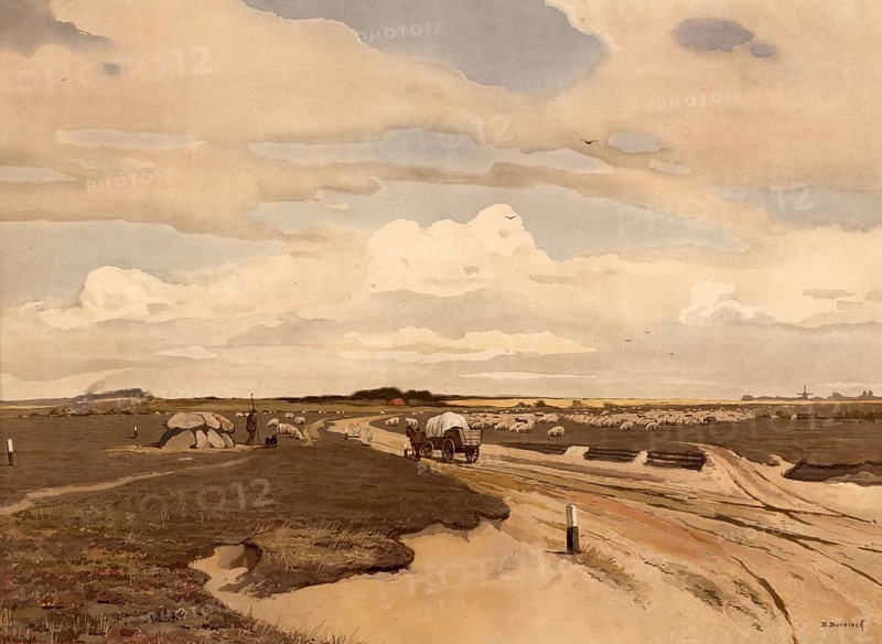 Heathland and flock of sheep, Tynaarlo, 1890, municipality in the Netherlands, province of Drenthe, school painting, authentic reproduction of a school wall painting, historical, digitally restored reproduction from a model from the 19th century, exact date of presentation unknown