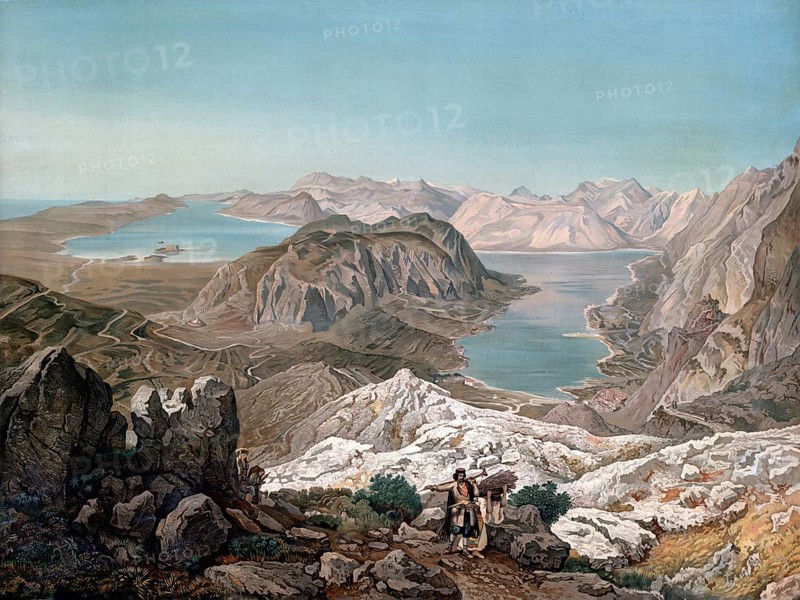 Bay of Kotor, 1910, Montenegro, school painting, authentic reproduction of a school mural, historical, digitally restored reproduction from a model from the 19th century, exact date of depiction unknown