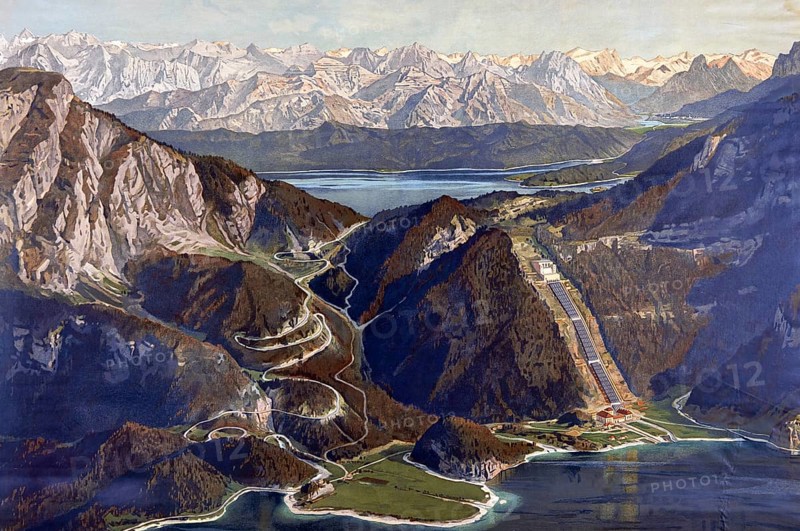 Walchensee power plant in the Bavarian Prealps, technical use of the slope, 1911, Walchesee, Lake Kochel, Bavaria, Germany, school painting, authentic reproduction of a school mural, historically, digitally restored reproduction from a 19th century model, exact date of presentation unknown