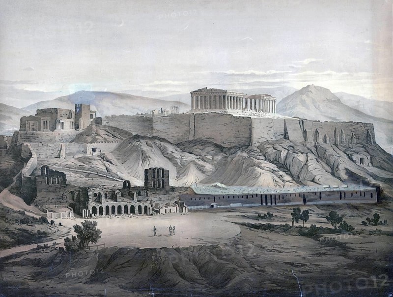 The Acropolis in Athens, south side, 1883, Greece, school painting, authentic reproduction of a school mural, historical, digitally restored reproduction from a model from the 19th century, exact date of depiction unknown