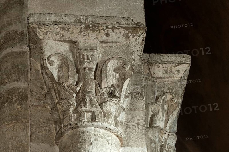 Capital of St Vincent's Abbey Church of Chantelle. Allier department. Auvergne Rhone Alpes. France