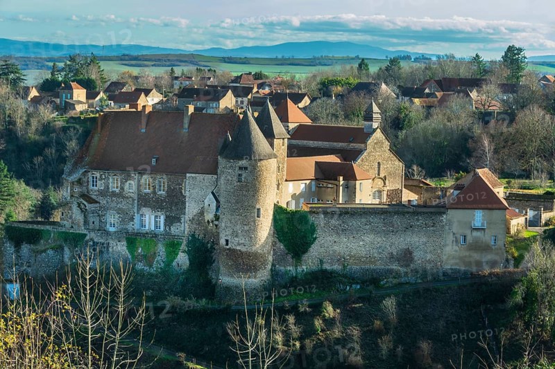 View of St Vincent's Abbey Church of Chantelle. Allier department. Auvergne Rhone Alpes. France