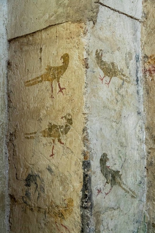 Mazerier village. Murals of painted church St. Saturninus, The pheasant hunting. Allier department, Auvergne Rhone Alpes, France