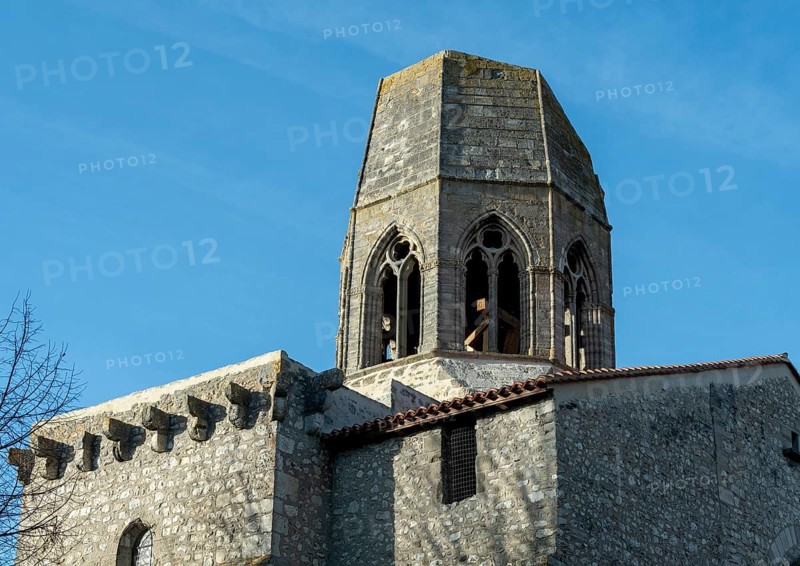 Charroux. The Church St jean Baptiste, the steeple it was destroyed by a lightning in 1662. Allier department. Auvergne-Rhone-Alpes.France. Europe