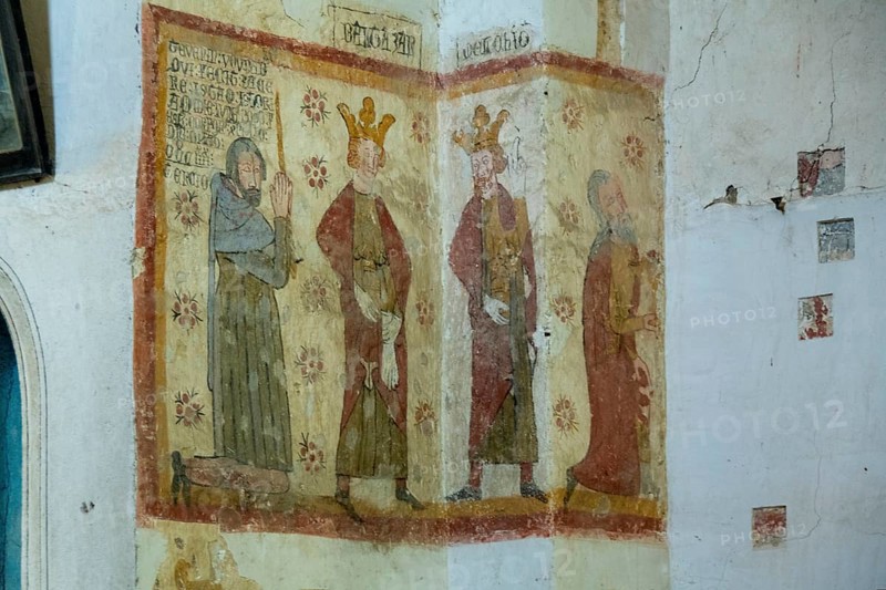 Mazerier village. Murals of painted church St. Saturninus Church. Adoration of the Magi. Allier department, Auvergne Rhone Alpes, France