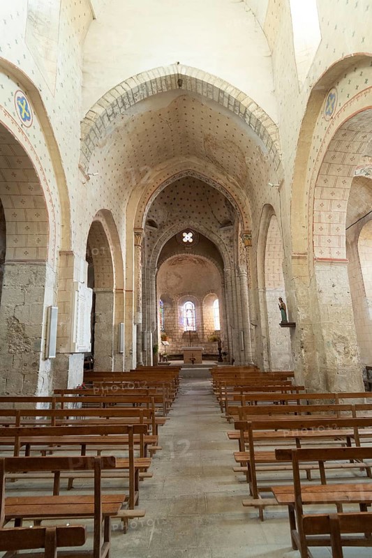 St Cyr and St Julitte's Church, roman church of Escurolles. Nave, Allier department, Auvergne Rhone Alpes, France