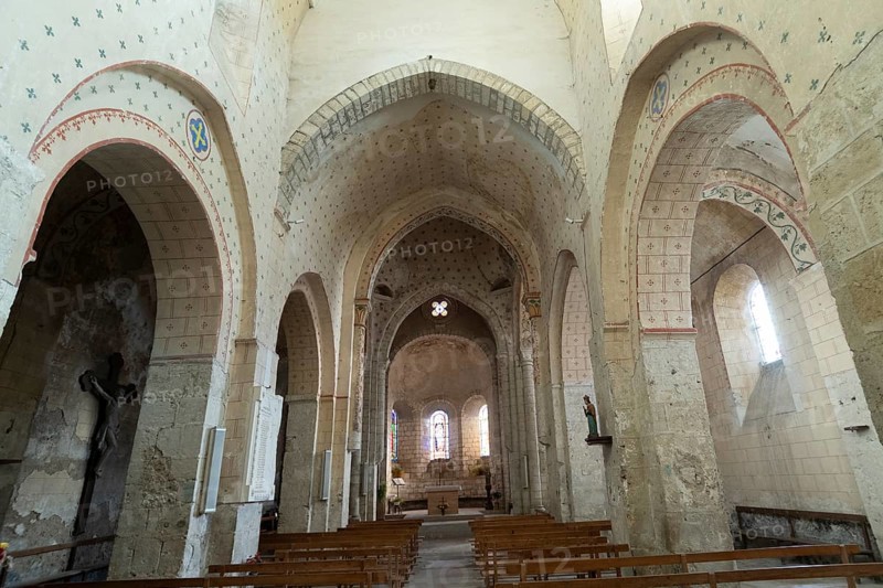 St Cyr and St Julitte's Church, roman church of Escurolles. Nave, Allier department, Auvergne Rhone Alpes, France