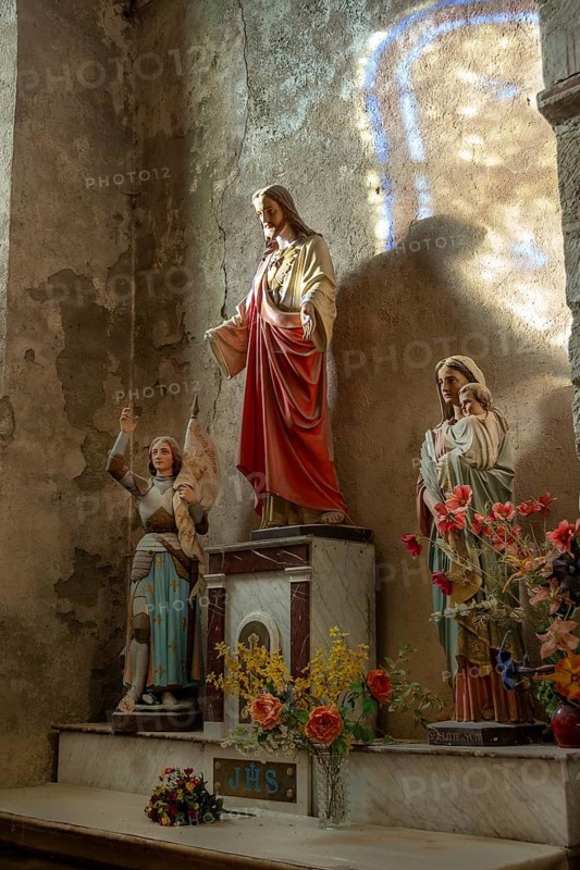 St Cyr and St Julitte's Church, roman church of Escurolles. Amtar, Allier department, Auvergne Rhone Alpes, France