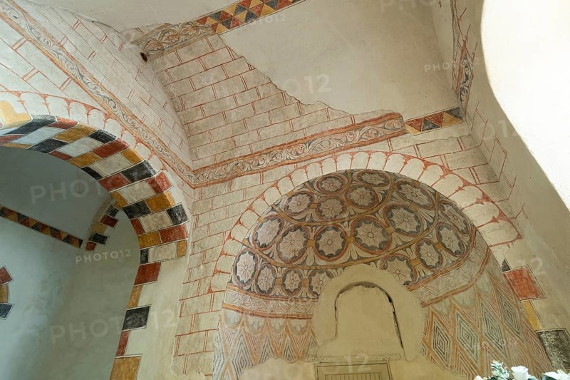 Wall paintings. Painted church St Aignan's Church of Begues. Allier department. Auvergne Rhone Alpes. France. Europe