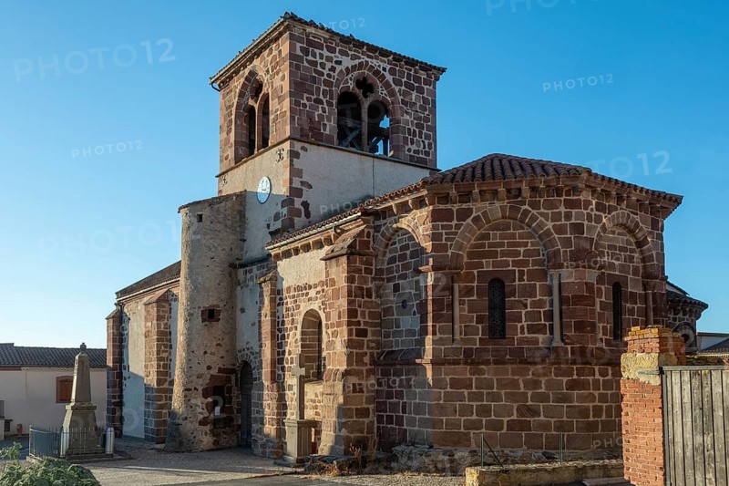 Azerat village. Roman church Saint-Jean-Baptiste . Haute Loire. Auvergne Rhone Alpes. France