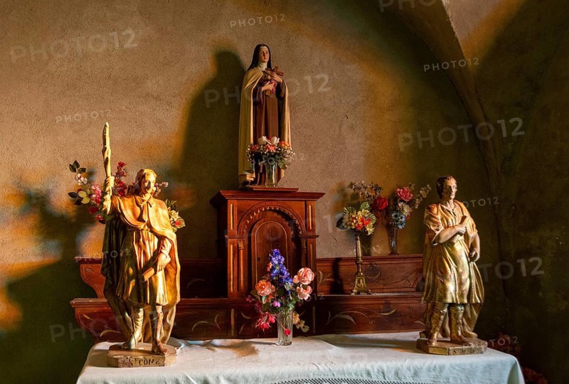 Saint Hilaire village. Natural regional park of Livradois Forez. Interior of Roman church Saint-Hilaire, Haute Loire. Auvergne Rhone Alpes. France