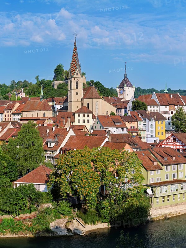 View of the old town with the parish church of the Assumption of Mary, in the back the Baden City Tower, Baden, Canton, Aargau, Switzerland