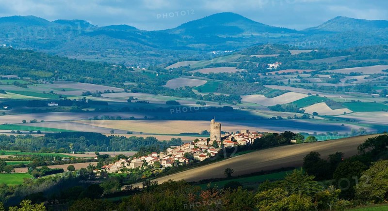 Montpeyroux village and view on Limagne plain., labelled Les Plus Beaux Villages de France, Puy de Dome, Auvergne-Rhone-Alpes, France