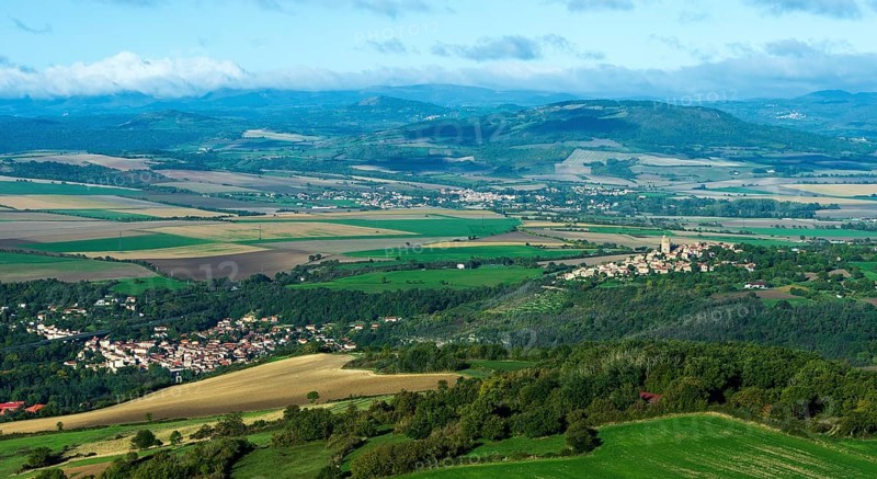 Limagne plain with the villages of Coudes and Montpeyroux. Puy de Dome. Auvergne Rhone Alpes. France