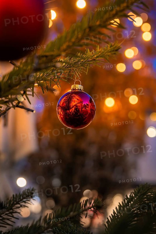 Red ball on a pine branch with reflection, against a glowing background, Nagold, Calw district, Black Forest, Germany
