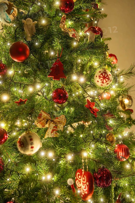 Christmas tree with red balls and lights, festive glow in warm light, Nagold, Calw district, Black Forest, Germany