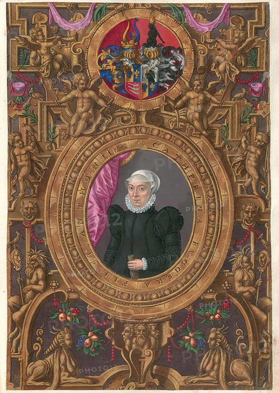 Members of the famous Augsburg-based Fugger family, Catherina Fugger, née Göringer, woman of Anton Fugger, the nephew and successor of Jakob Fugger the Rich, who managed and expanded the family business after 1525, authentic reproduction from Fuggerorum et Fuggerarum imagines, a collection of colored copper engravings created in the late 16th and early 17th century and made by Dominicus Custos, historic