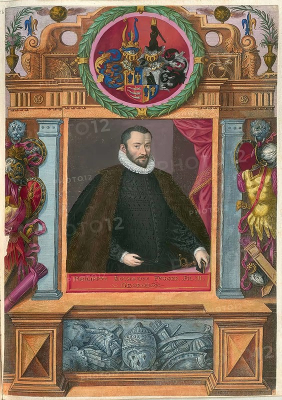 Members of the famous Augsburg Fugger family, Philipp Eduard Fugger (1546 - 1618), a well-known German merchant and banker from the important Augsburg Fugger family, authentic reproduction from Fuggerorum et Fuggerarum imagines, a collection of coloured engravings created in the late 16th and early 17th century and made by Dominicus Custos, historical