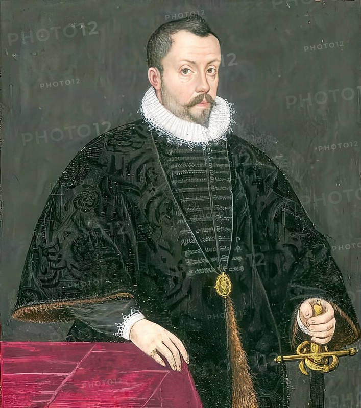 Members of the famous Augsburg Fugger family, Octavianus Secundus Fugger (1544-1600), member of the famous Augsburg merchant family Fugger, authentic reproduction from Fuggerorum et Fuggerarum imagines, a collection of coloured engravings created in the late 16th and early 17th century and made by Dominicus Custos, historical