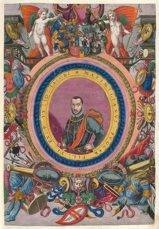 Members of the famous Fugger family in Augsburg, Maximilian Fugger, the merchant and landowner, Herr zu Babenhausen, the son of Jakob III Fugger, authentic reproduction from Fuggerorum et Fuggerarum imagines, a collection of colored copper engravings created in the late 16th and early 17th century and made by Dominicus Custos, historical