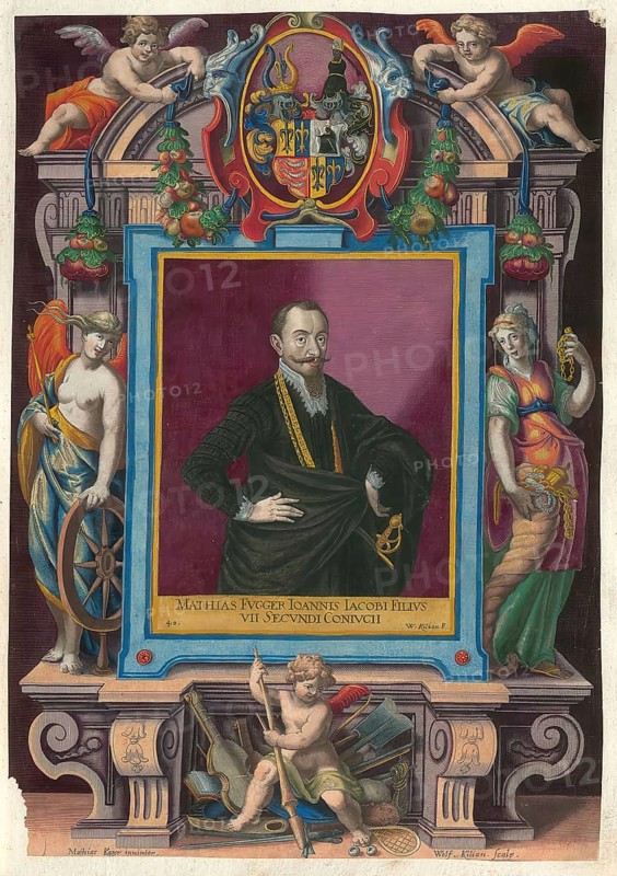 Members of the famous Fugger family in Augsburg, portrait of Mathias Fugger, a nephew of Jakob Fugger the rich, authentic reproduction from Fuggerorum et Fuggerarum imagines, a collection of colored copper engravings created in the late 16th and early 17th century and made by Dominicus Custos, historical