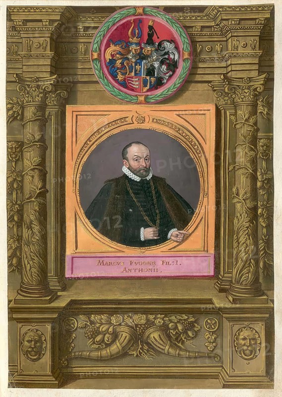 Members of the famous Augsburg Fugger family, Markus Fugger (1529) was the eldest son of the famous merchant Anton Fugger, called the Rich, 1493 - 1560, authentic reproduction from Fuggerorum et Fuggerarum imagines, a collection of coloured engravings created in the late 16th and early 17th century and made by Dominicus Custos, historical