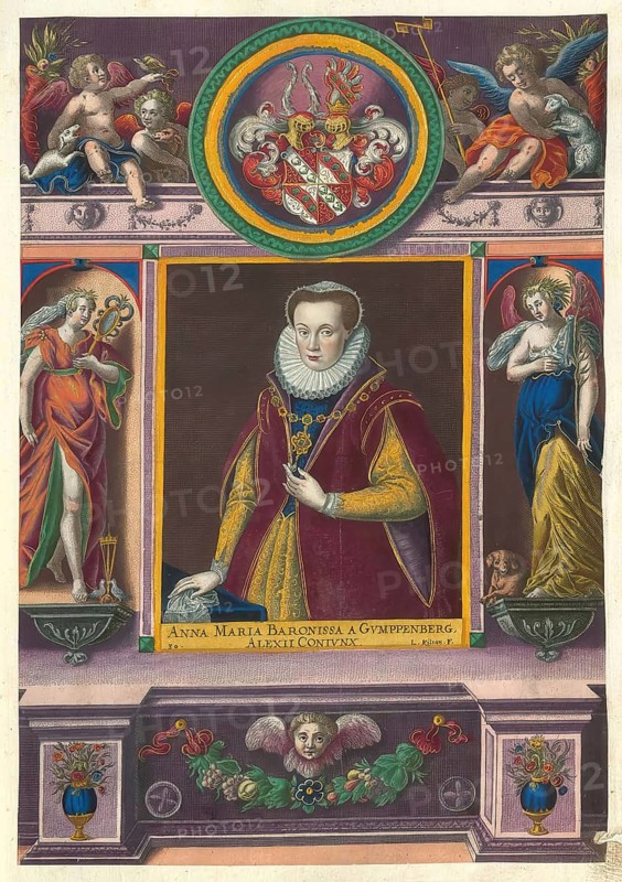 The portrait of Anna Maria von Gumppenberg-Fugger (1570 - 1613), a member of the famous Augsburg Fugger family: She was a Bavarian baroness and the woman of Alexius Fugger, authentic reproduction from Fuggerorum et Fuggerarum imagines, a collection of coloured engravings created in the late 16th and early 17th century and made by Dominicus Custos, historical